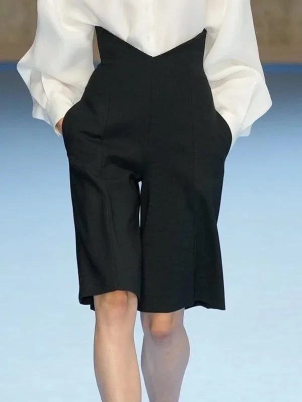 Pockets Solid Color Loose Shorts Bottoms