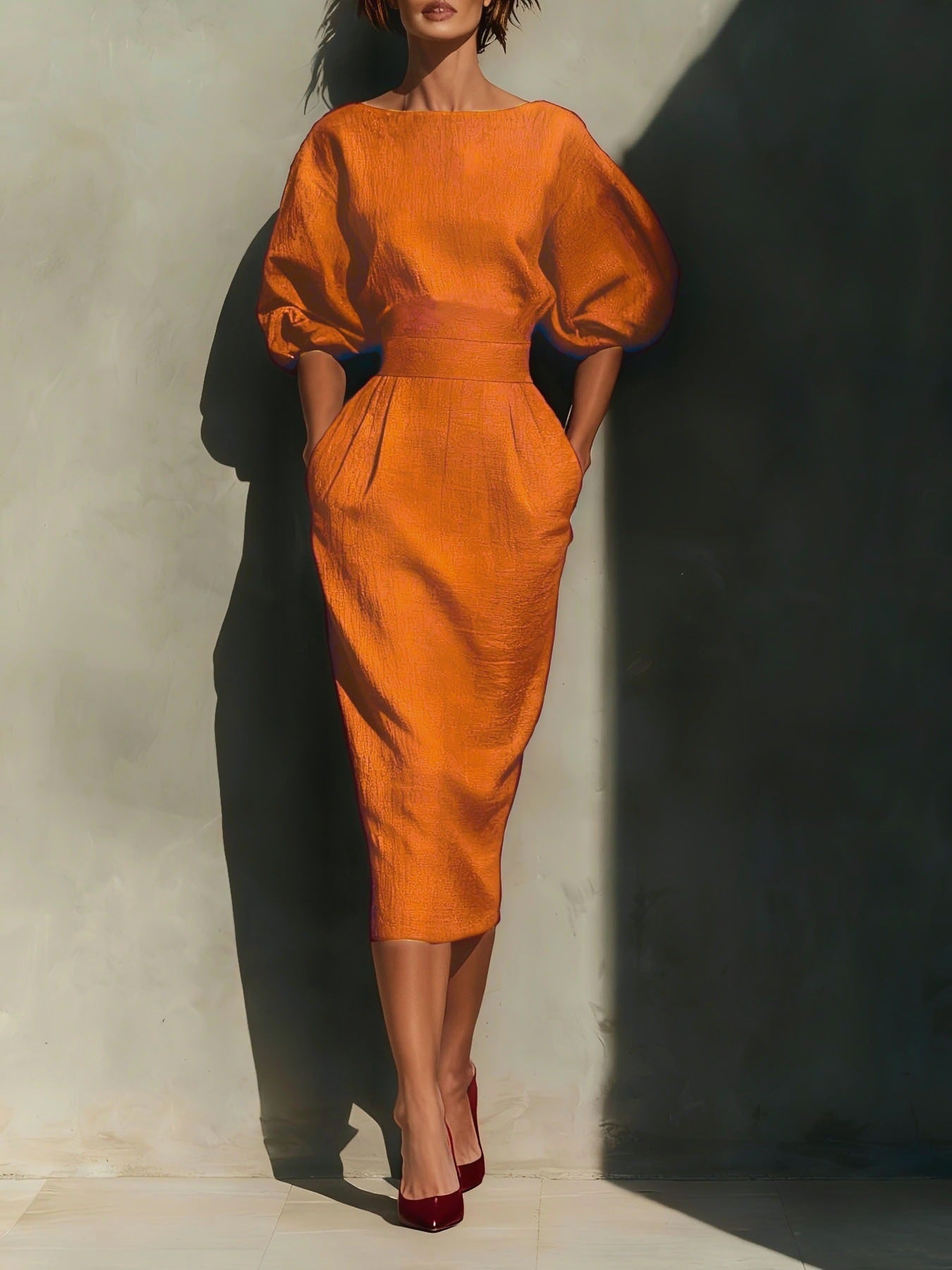 Round Neck Puff Sleeves Midi Dress mysite idetrend
