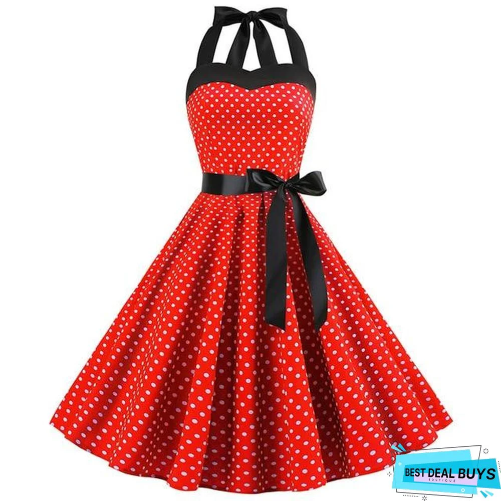 Sexy Halter Party Dress Retro Polka Dot Vintage Dresses Elegant Midi Dress