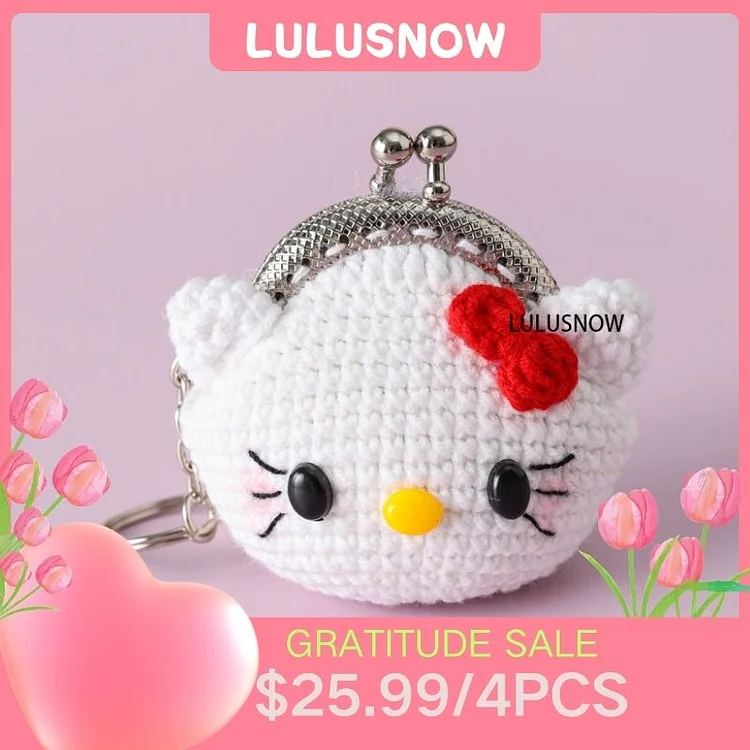 Lulusnow Handmade White Hello Kitty ANIMAL CARTOON Small Money Pouch Crochet Coin Purse Keychain Bag Pendant Gift for Her/Friend/Kids/Christmas/Easter