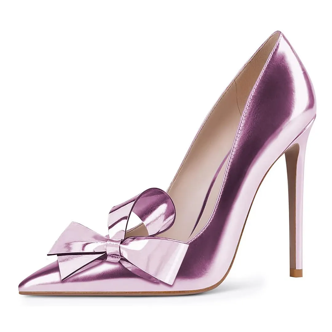 Pointed Toe Metallic Purple Bow Stiletto Heel Pumps for Women
