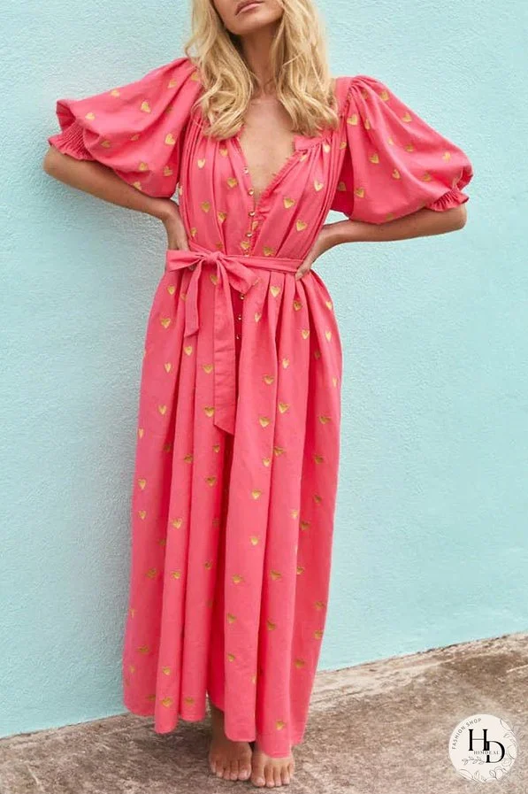 Valentine's Day Gold Heart Print Puff Sleeve Button Pocketed Loose Maxi Dress