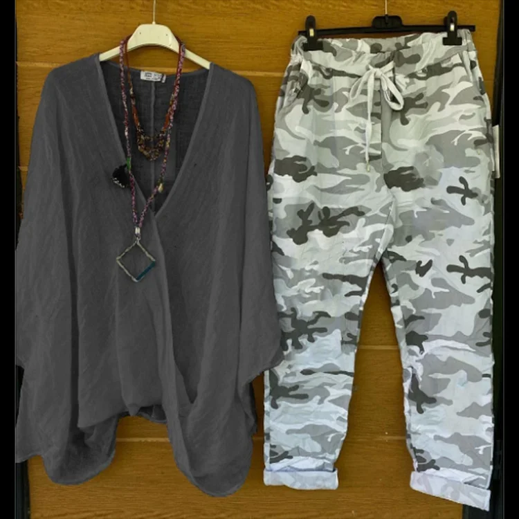 Plus Size Suit Camouflage Trousers Two-Piece Set VangoghDress