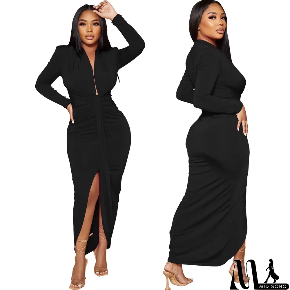 MidiSono - Women Sexy Deep V Neck Belt Slit Dress