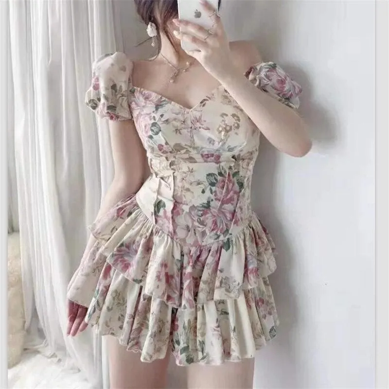 French Style Summer Elegant Floral Print Dress Women Sexy Puff Sleeve Square Sleeve Beach Slim Ruffle Mini Dress 2021 New