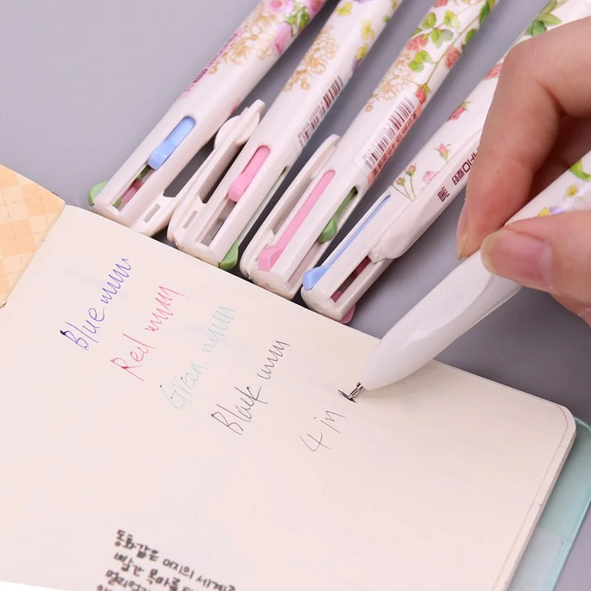 1PC Colored Pen (Red Green Blue Black Ink)4 In 1 Floral Ballpoint Pens Writing Pen 0.5mm Stationery Office School Supplies