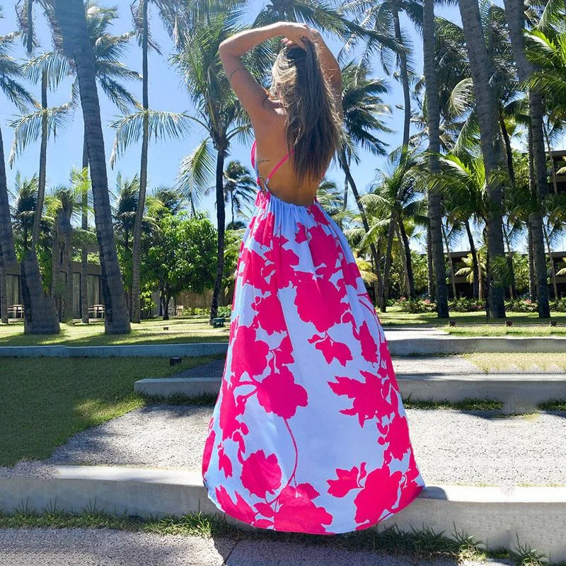 Summer Bohemian Printed V-neck Sleeveless Dress with Sling