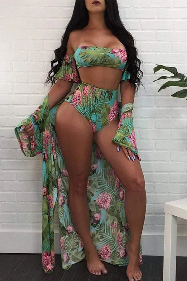 Sexy Floral Print Green Two-piece Swimsuit(Without Cover-Ups)