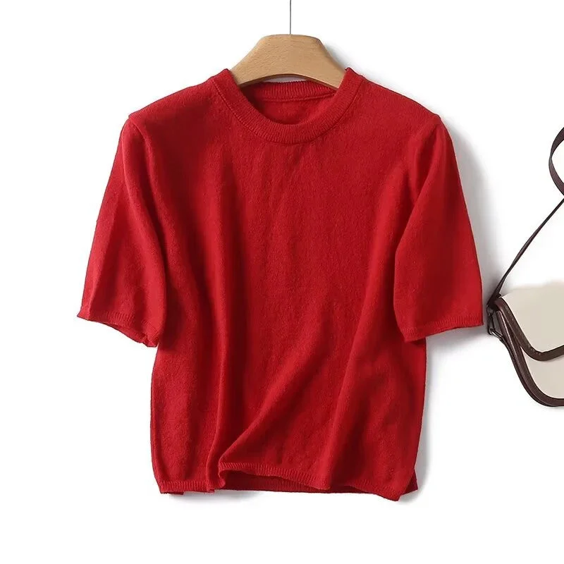 Tlbang New 2024 Red Knit T Shirt Women O Neck Short Sleeve Spring Summer Tees Crop Top