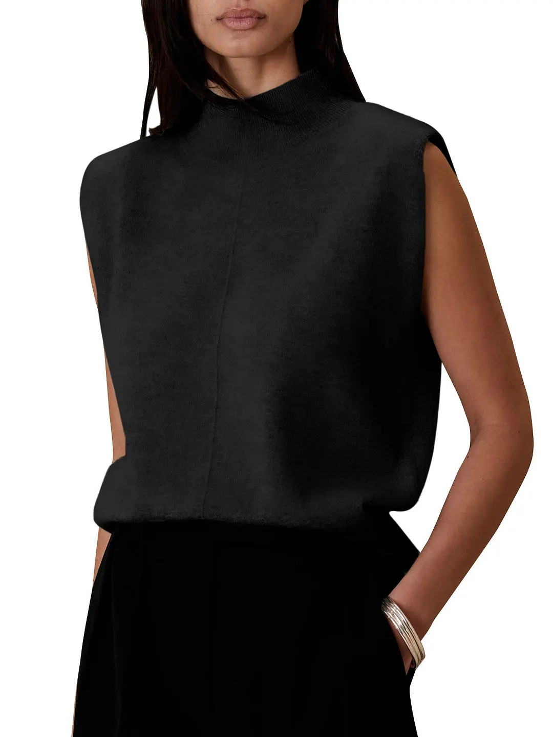 Brownm Pure Color Half Collar Sleeveless Fashion Sweaters