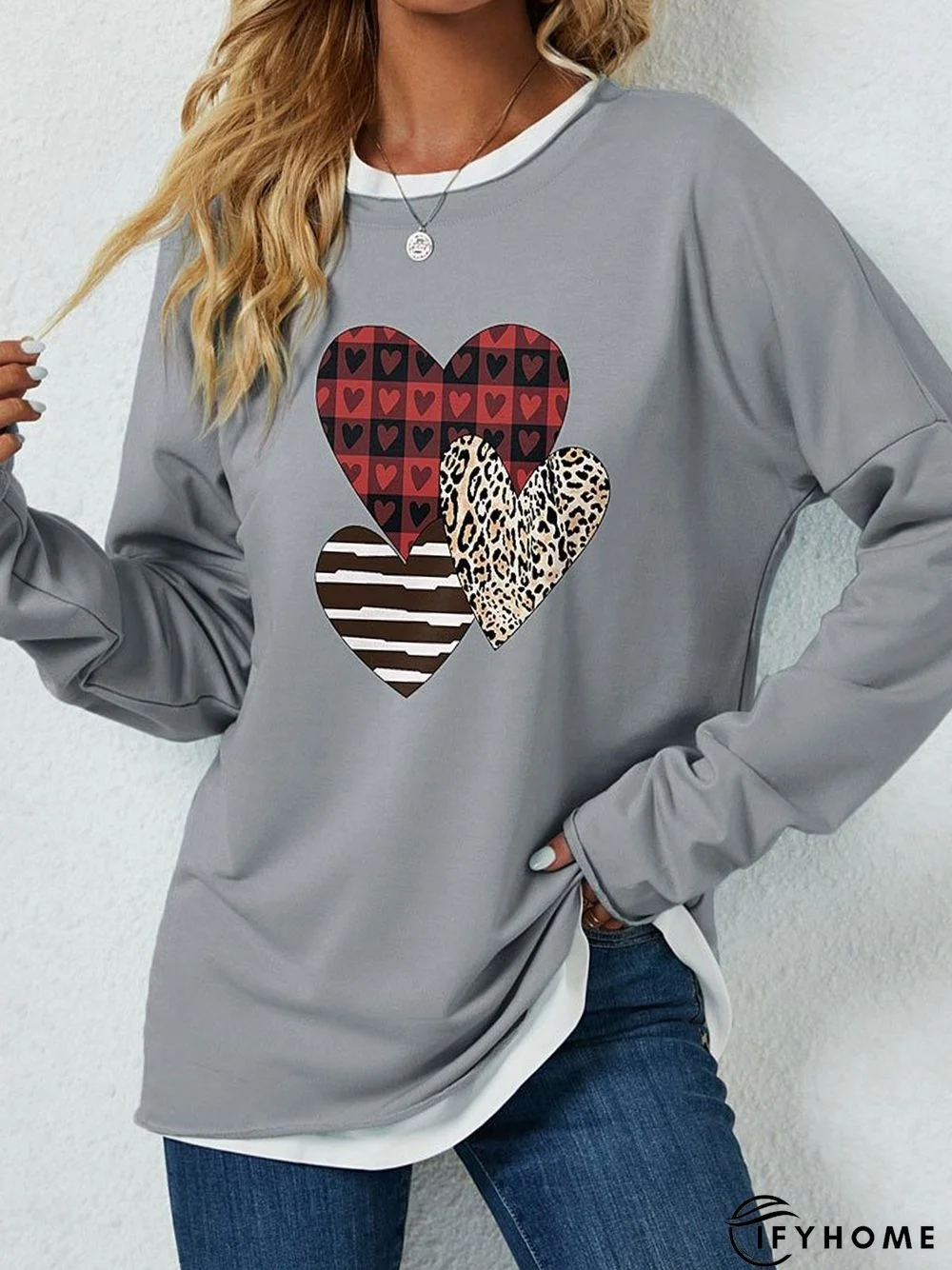 Love Heart Long Sleeve Crew Neck Casual Mock Two-Piece Tunic Sweatshirt | IFYHOME