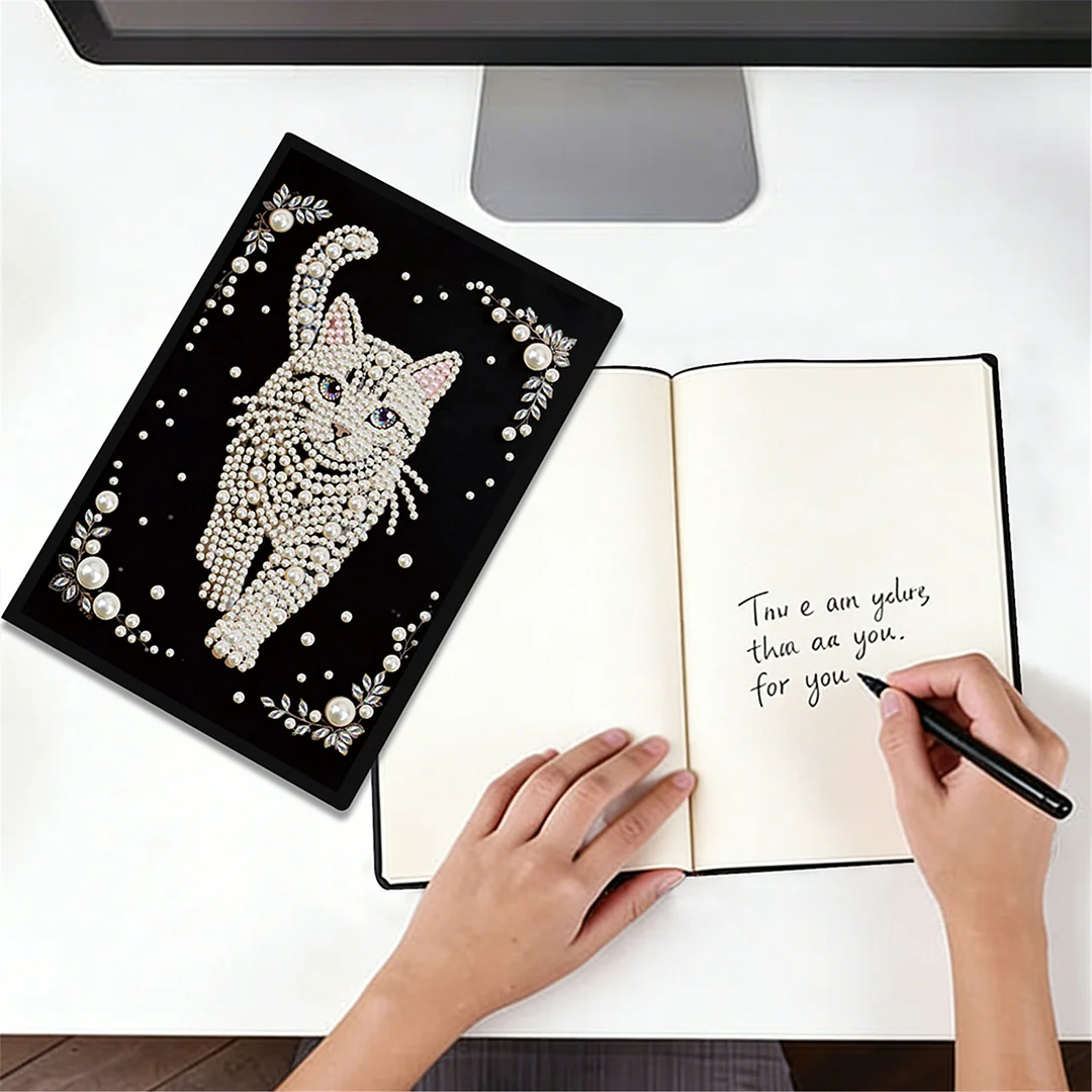 Cat Partial Pearl DIY 50 Pages A5 Diamond Painting Notebook Special Shaped Diamond Art Diary Book Kits Wireless Strip 5D Crystal Art Paintings Sketchbook for Art Drawing