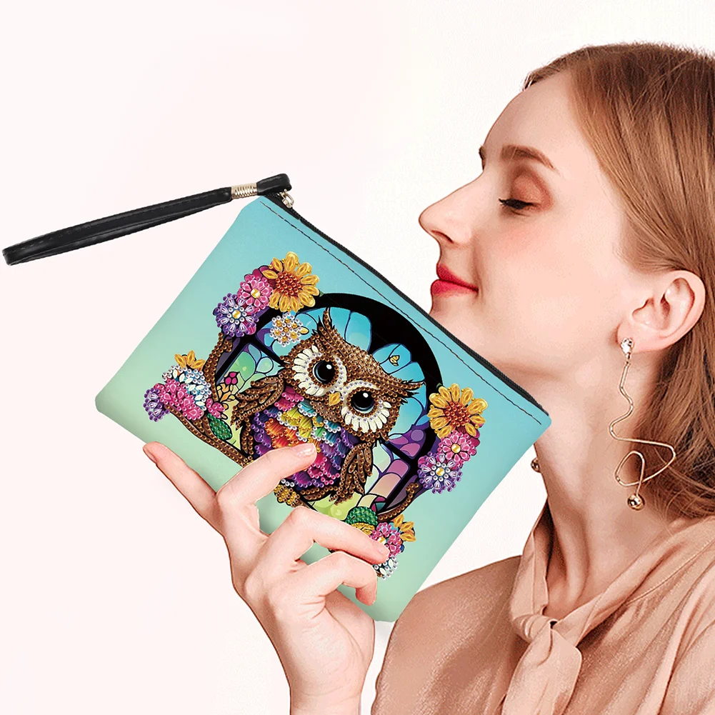 DIY Owl PU Partial Special Shaped Diamond Painting Wallet Makeup Bag