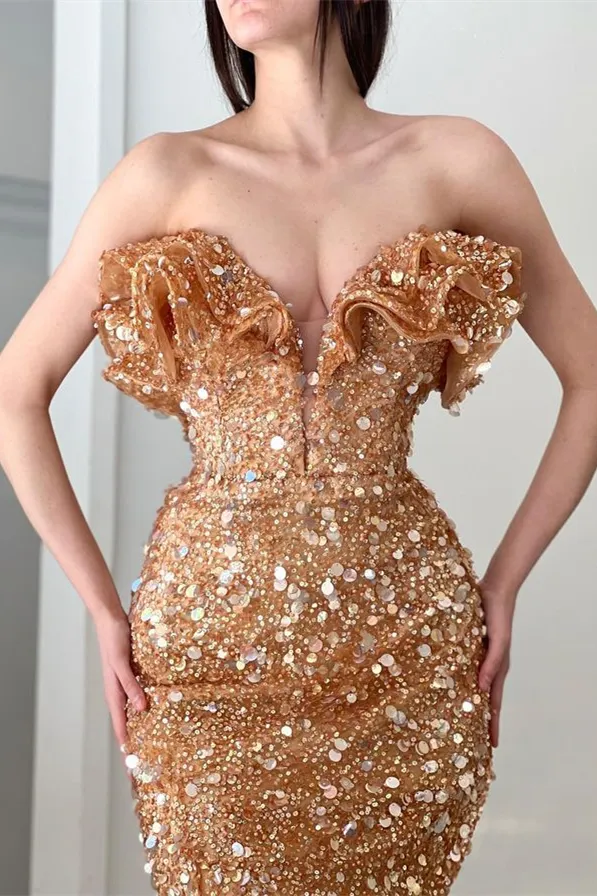 Glamorous Yellow Sweetheart Sequins Mermaid Evening Dress With Slit