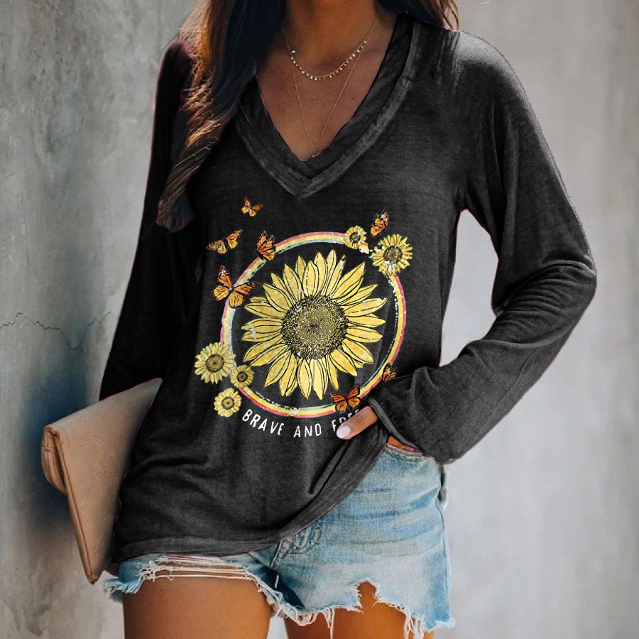 Brave And Free Sunflower Printed Long Sleeves T-shirt