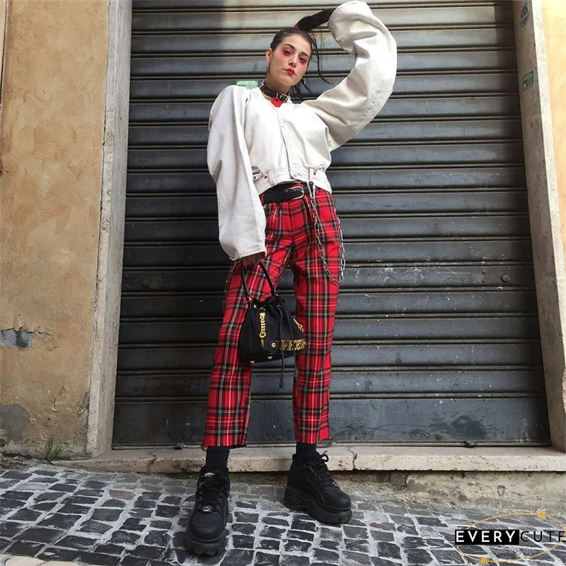 Plaid Drawstring High Waist Fold Sweatpants P13918