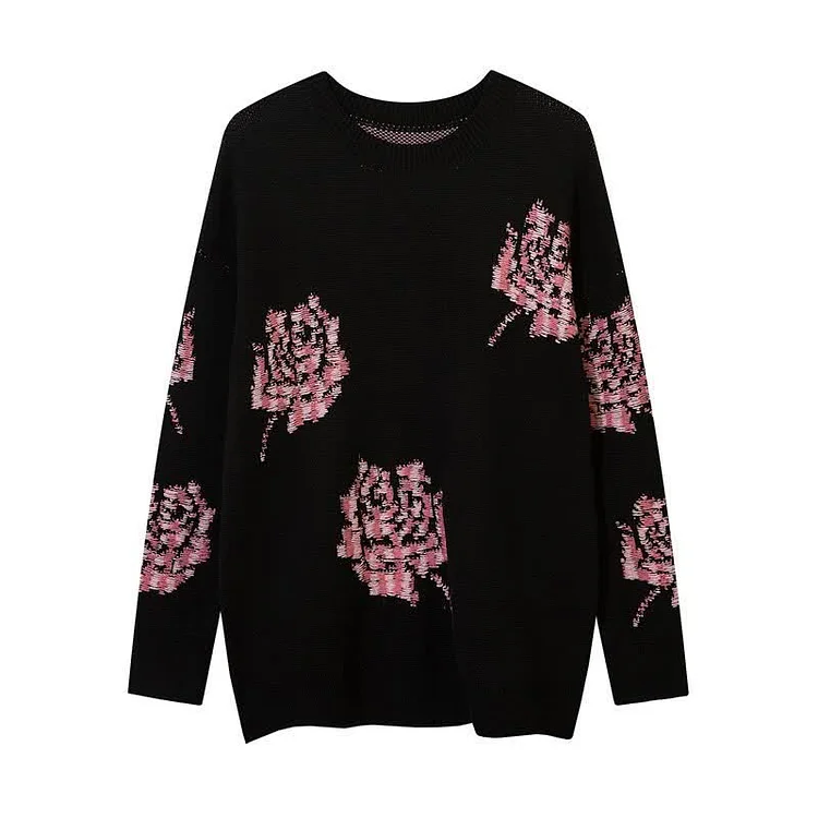 Rose Pattern Print Round Collar Knit Casaul Sweater - Modakawa Modakawa