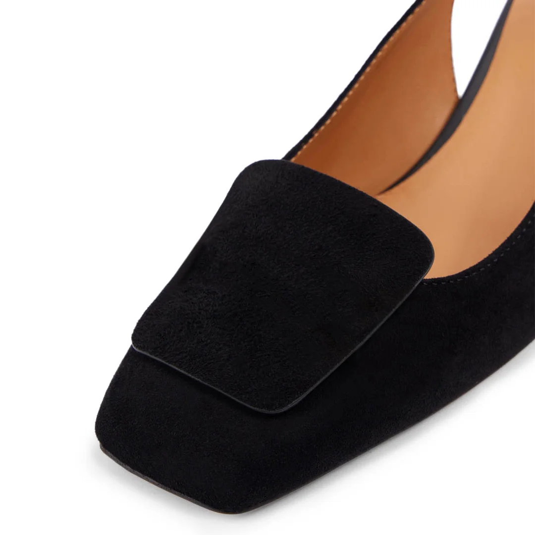 Vegan Suede Square Toe Buckle Chunky Heel Slingback Pumps in Black