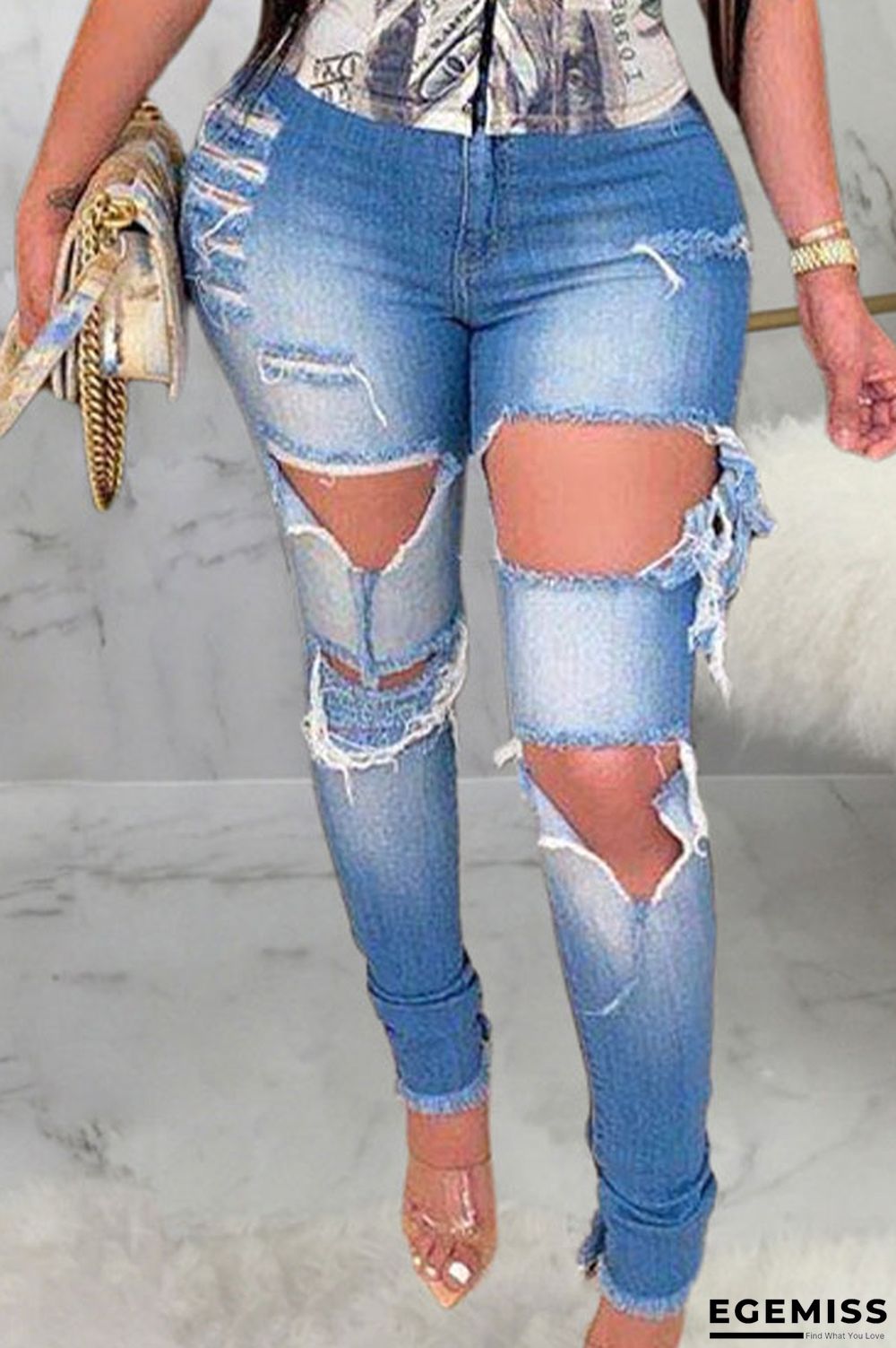 Dark Blue Sexy Solid Ripped High Waist Denim | EGEMISS