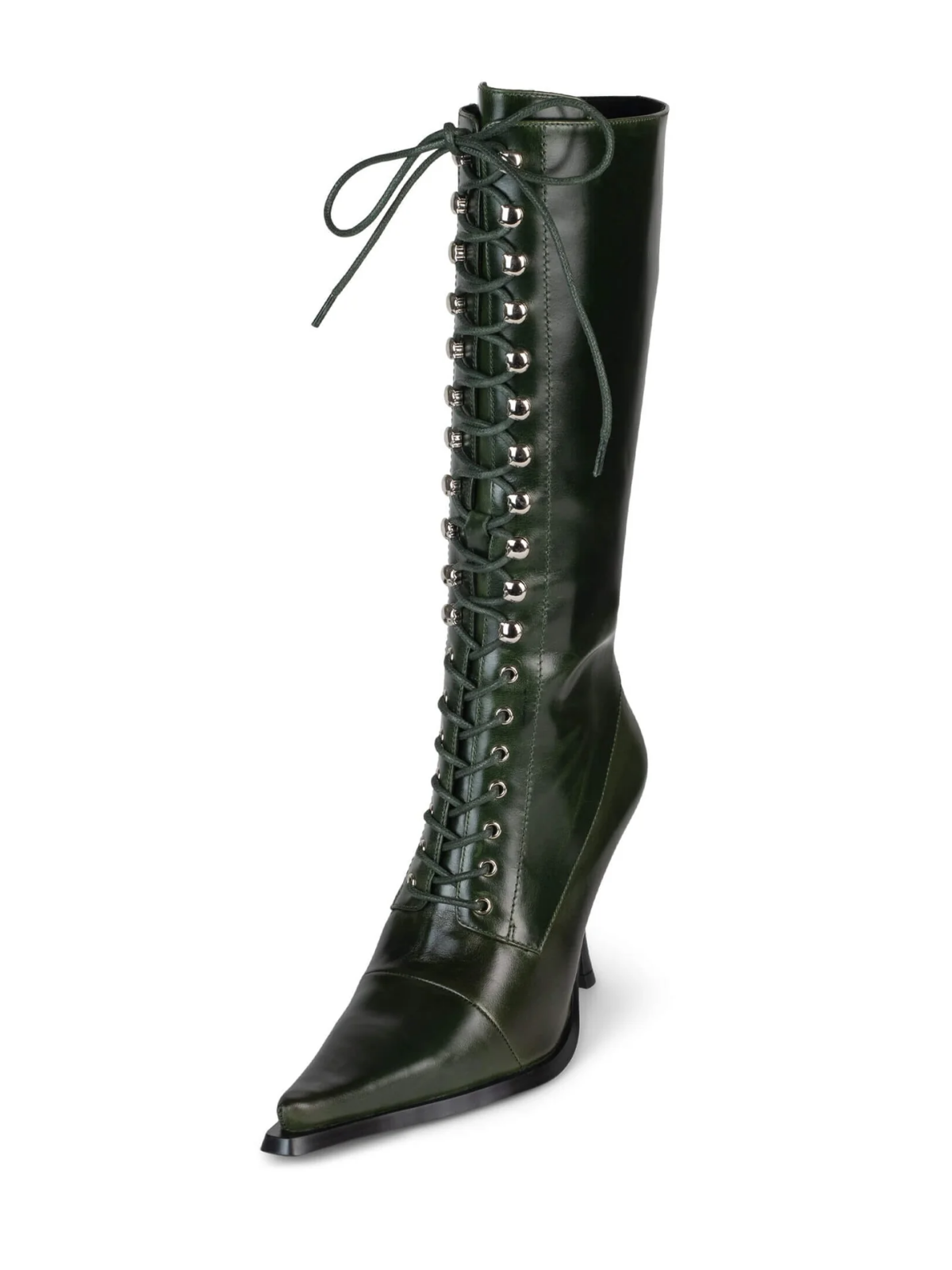 GOOSHOE Lace-Up Pointed-Toe Full-Zip Mid Calf Stiletto Boots - Green