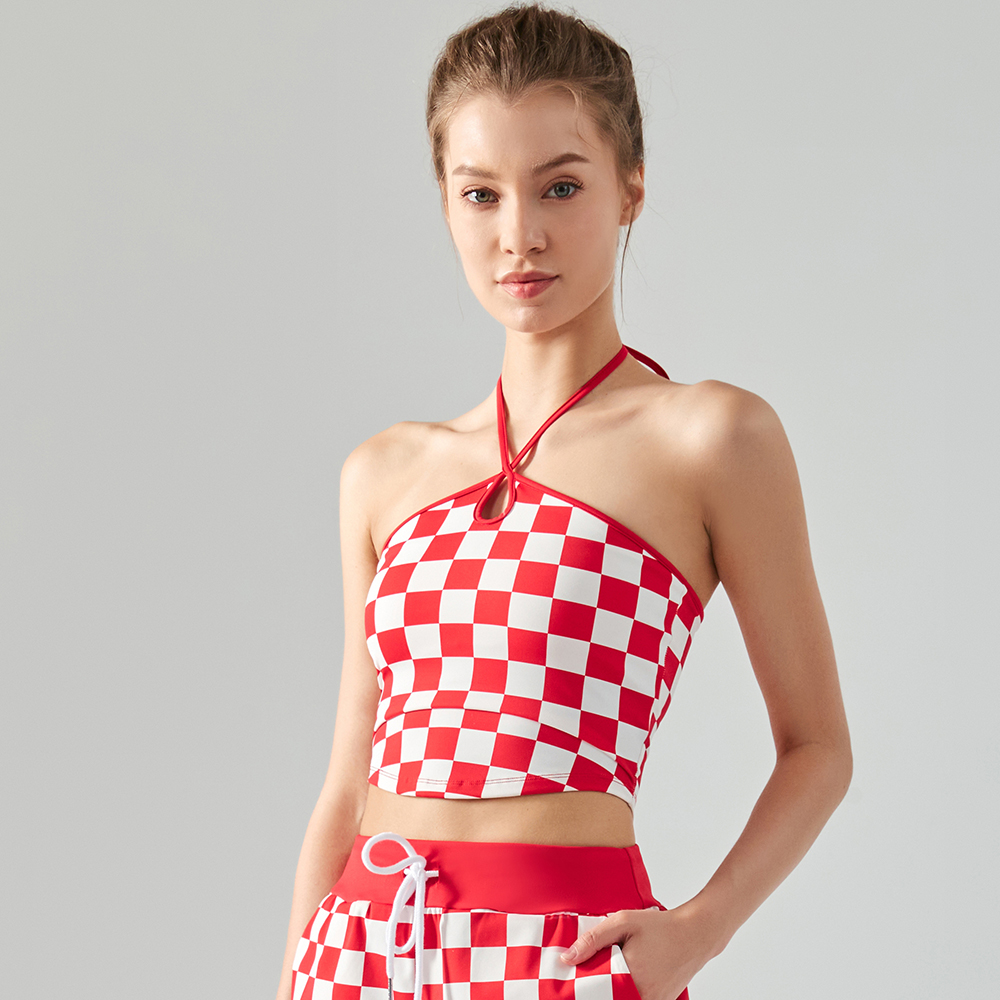 Hergymclothing Red White Plaid high impact checkerboard print open back workout halter neck gym top bra online shopping