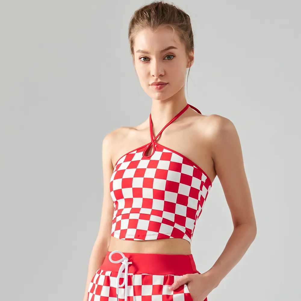 Hergymclothing Red White Plaid high impact checkerboard print open back workout halter neck gym top bra online shopping