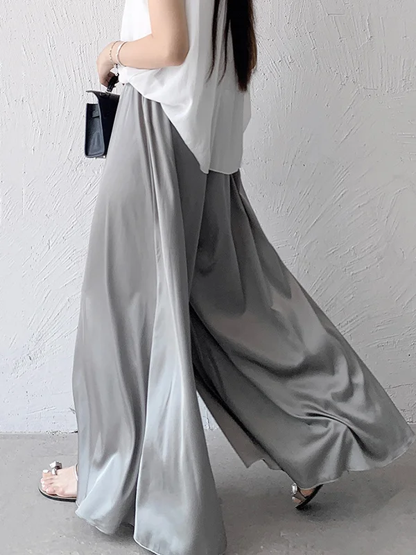 Elasticity Pleated Solid Color High Waisted Loose Pants Culotte