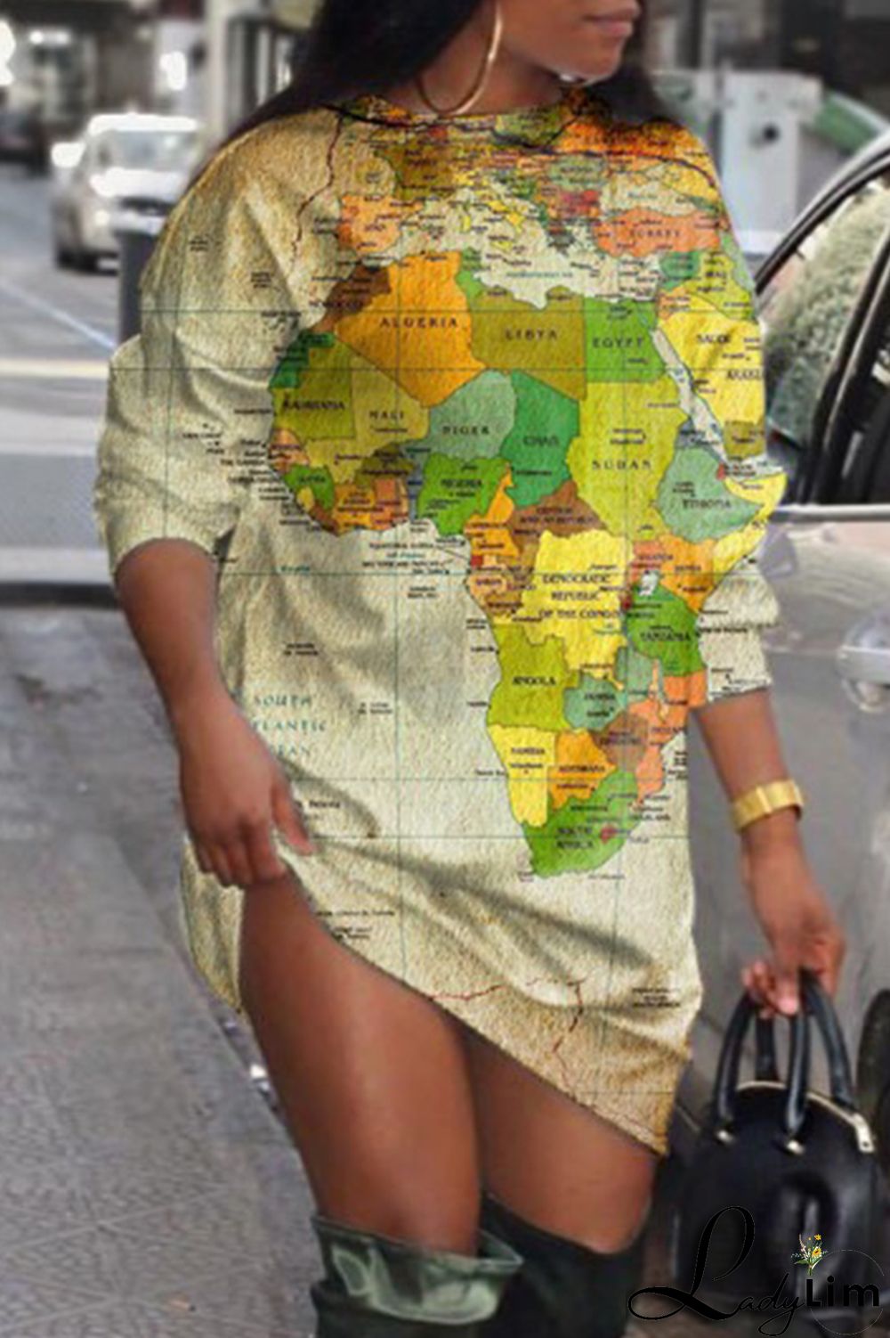 Green Fashion Casual Print Basic O Neck Long Sleeve Plus Size Dresses