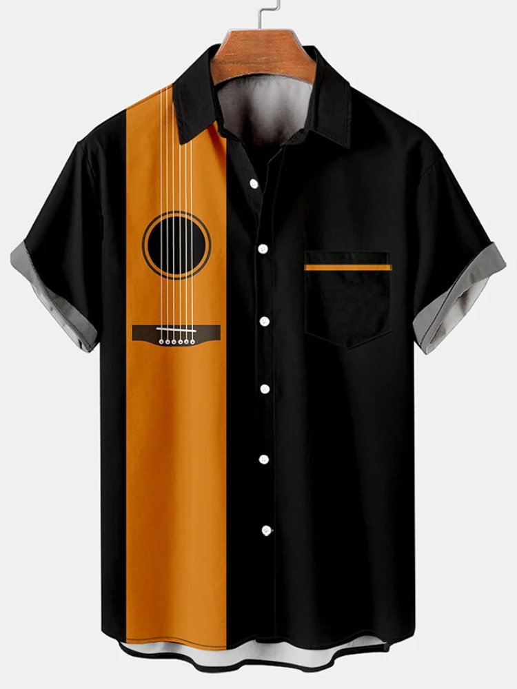 BrosWear Guitar Print Color Contrast Panel Casual Shirt