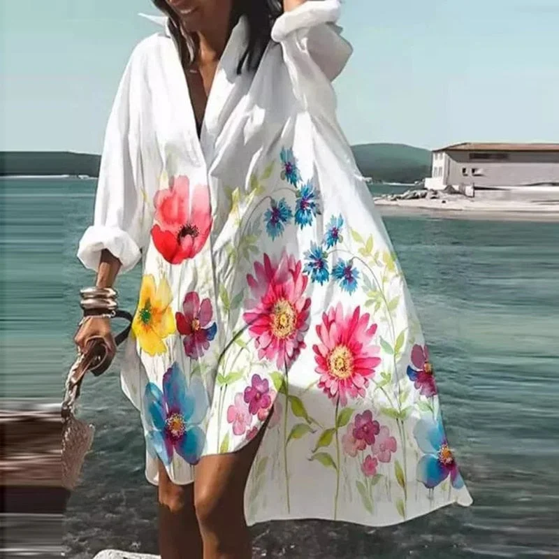 Women Buttons Shirt Dresses Autumn Elegant Floral Printed Long Sleeve Dress Ladies Casual Loose A-Line Beach Boho Dress Vestidos