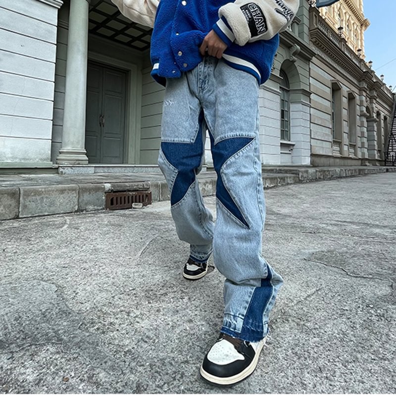 Star Patch Design Pants Men's Hip Hop Washed Jeans-VESSFUL