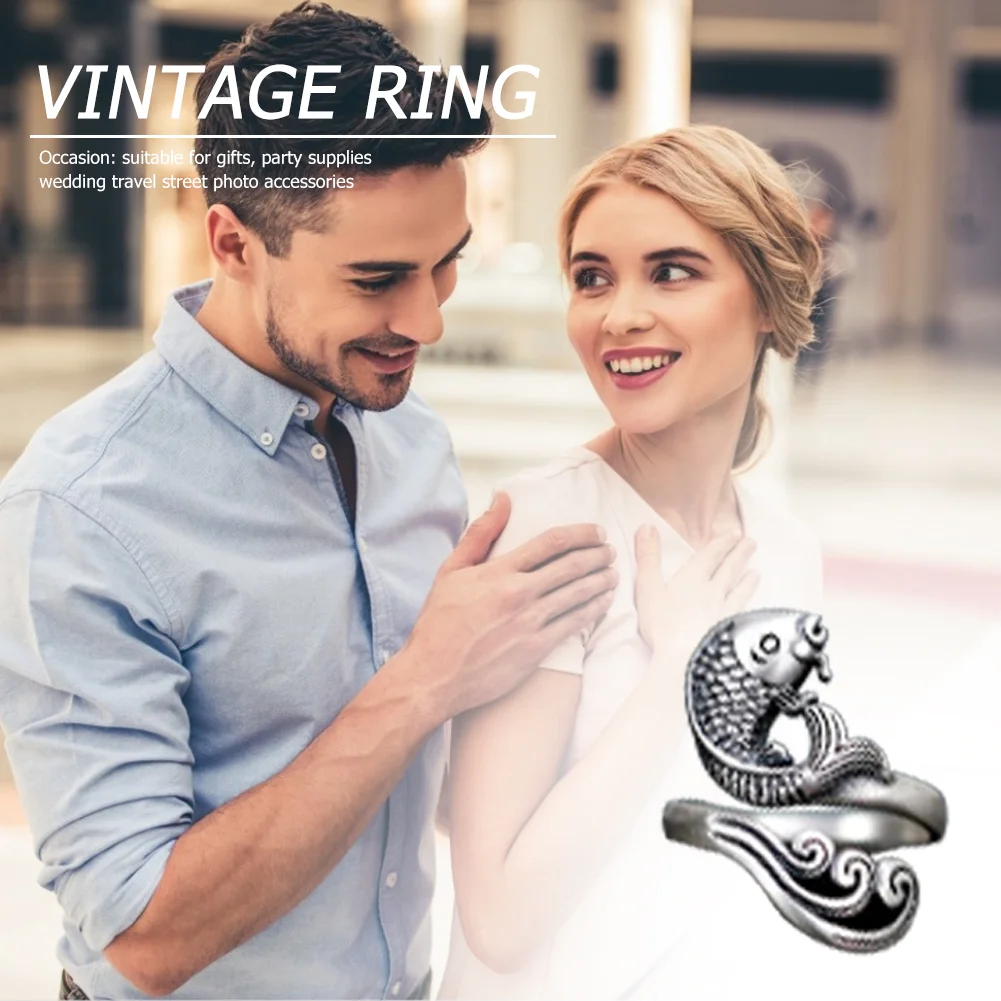 Women Vintage Opening Alloy Ring Adjustable Thimble Crochet Loop (Koi Fish)