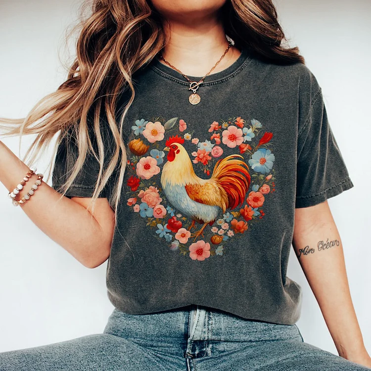 VChics Women's Sweet Floral Chicken Casual T-Shirt