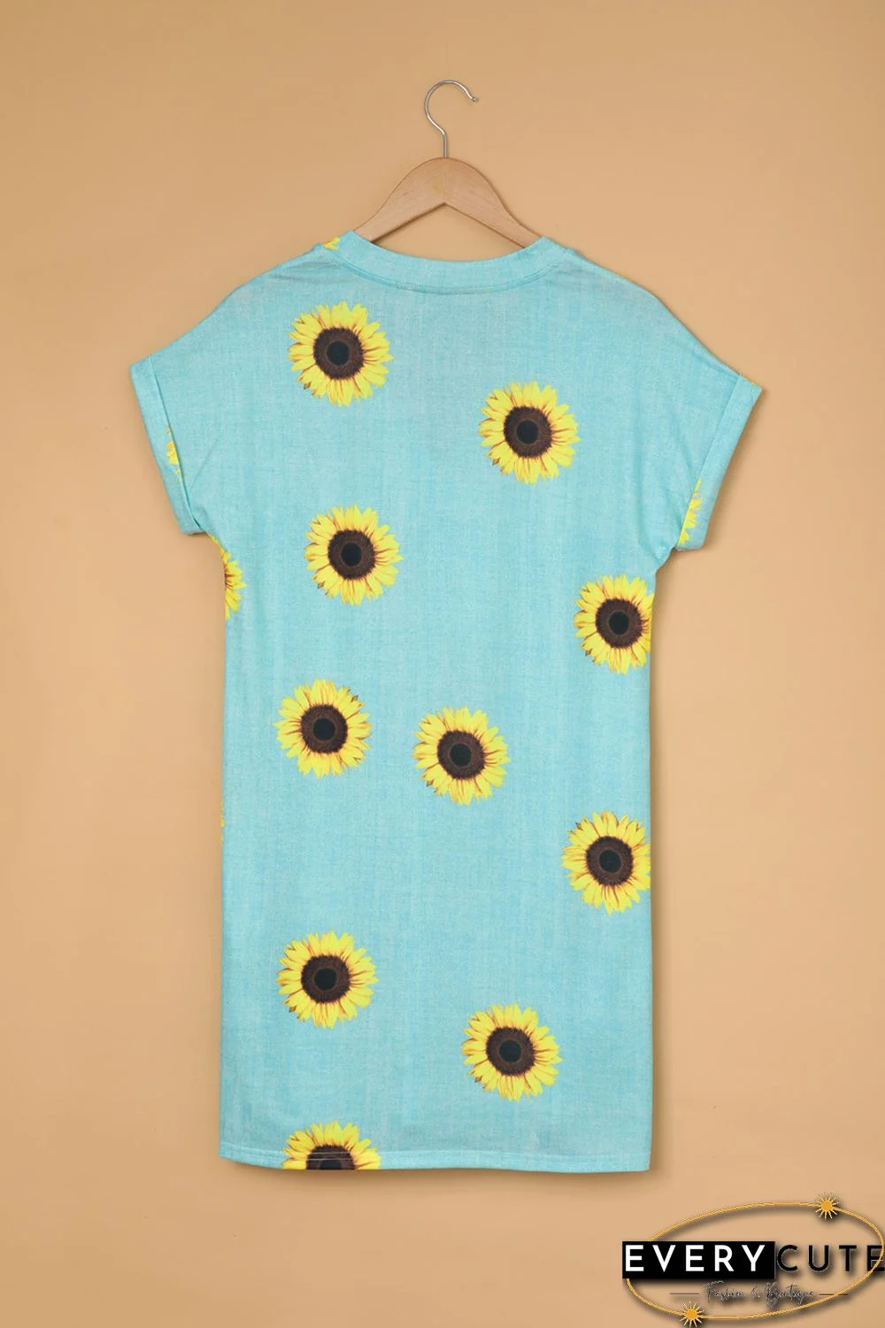 Short Sleeve V Neck Sunflower Print Mini Dress with Pocket