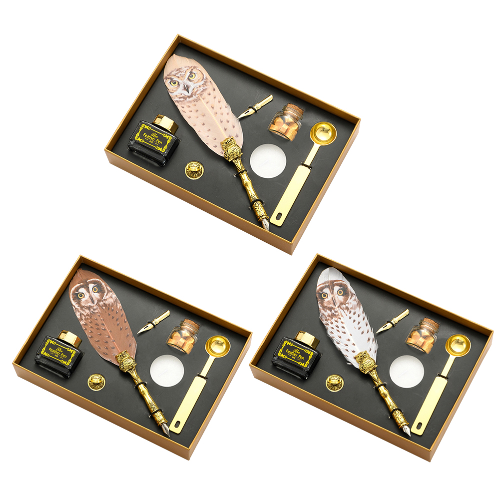 Retro Stationery Fountain Pen Set Calligraphy Owl Feather Quill Dip Pen
