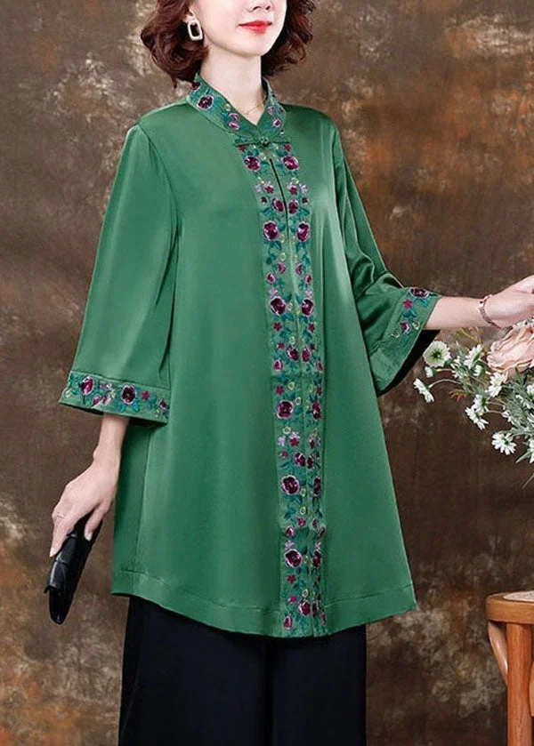 Green Embroideried Patchwork Silk Shirts Spring