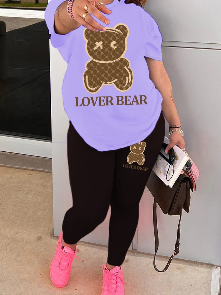 Usasaleprint Long Pants Sets Womens 2 Piece Cartoon Fashion Casual T Shirt Set Short Sleeve Tee Tops Pants Set Tracksuit Outfit Streetwear