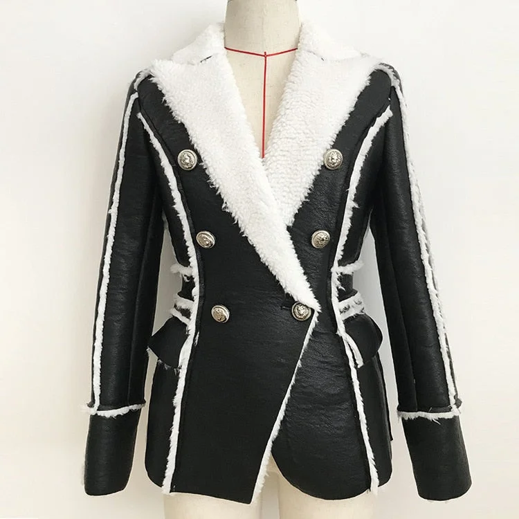Fall / winter 2020 new European and American women's fur one piece lamb wool stitching PU leather suit collar long sleeve short