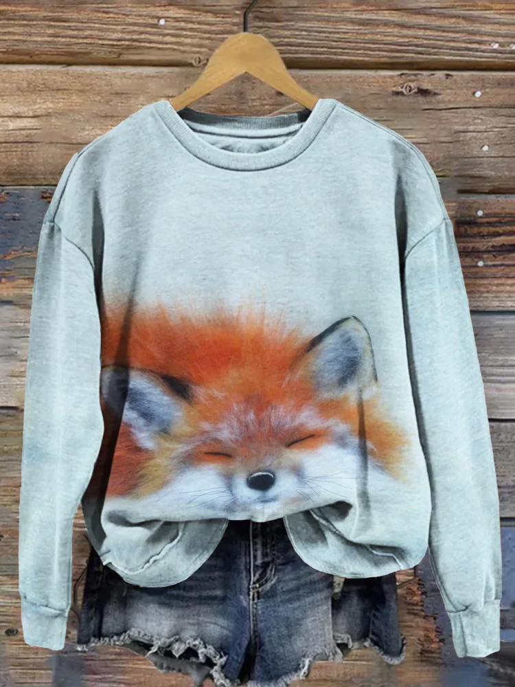 Cute Sleeping Fox Graphic Crew Neck Comfy Sweatshirt