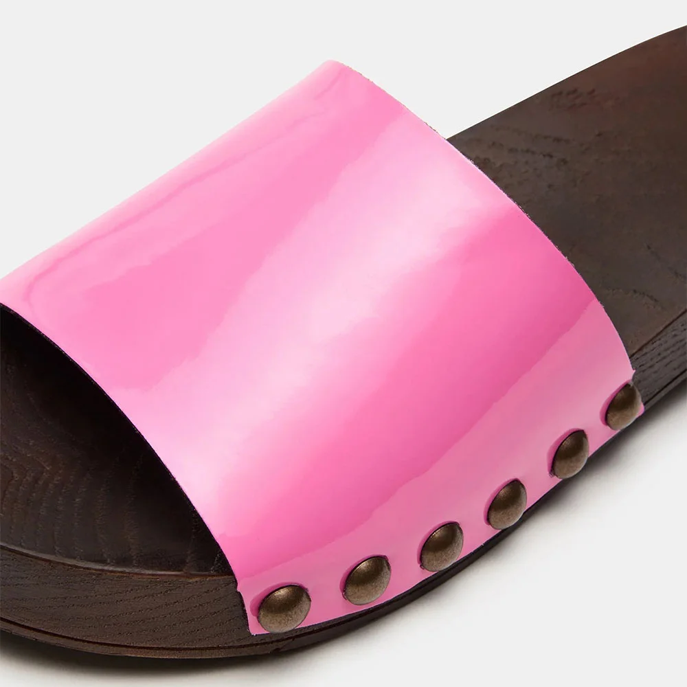 Patent Leather Round Toe Clog Studded Slide Shoes for Women in Pink