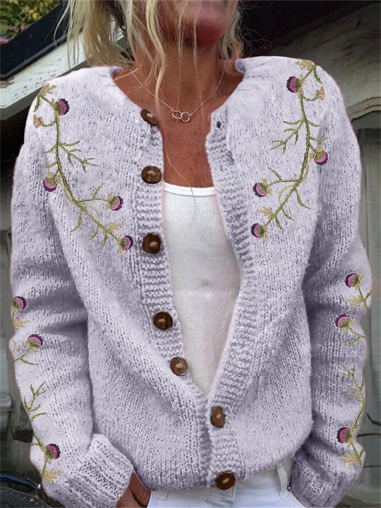 VChics Scotland Thistle Vines Embroidered Cozy Knit Cardigan