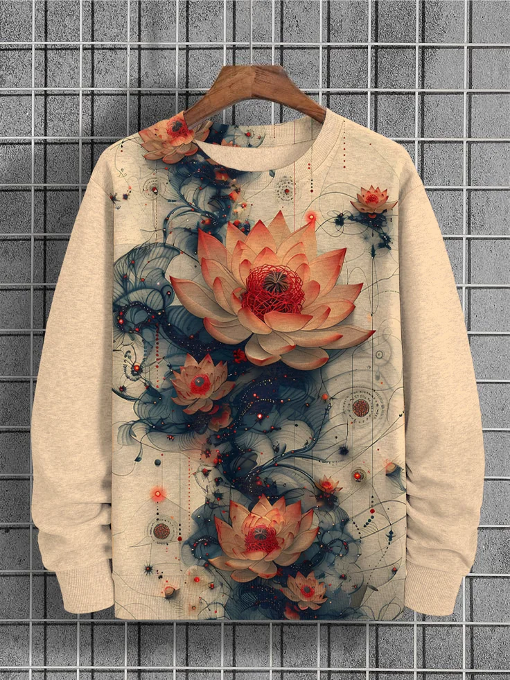 Men's Ink Aesthetic Art Lotus Print Casual Sweatshirt