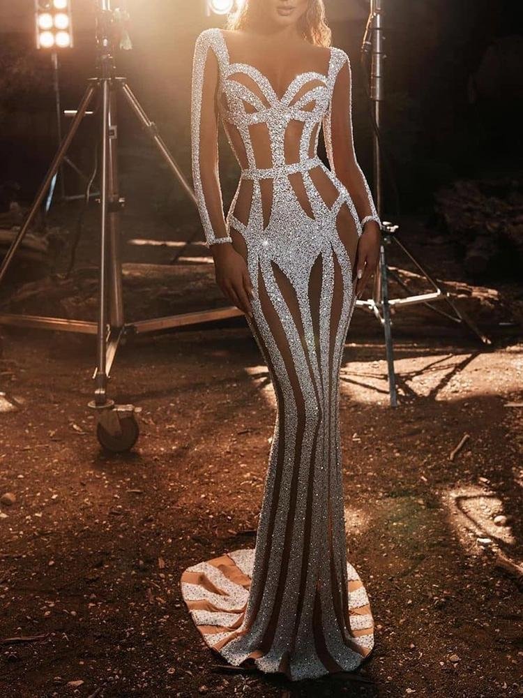 Sexy sequin cutout white mermaid maxi evening dress-zachics
