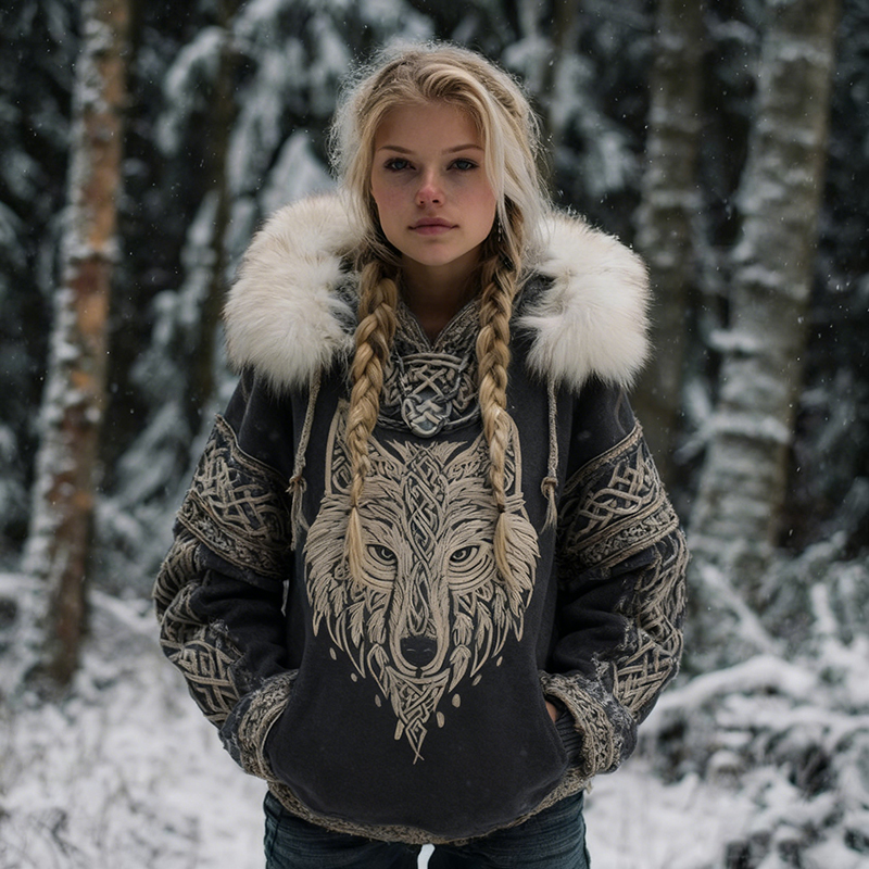 Viking Wolf Celtic Knot Cozy Fur Trim Hooded Sweater elevenforest