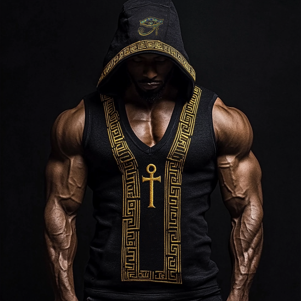 Comstylish Men's Ankh Ancient Egyptian Embroidered Hooded Vest