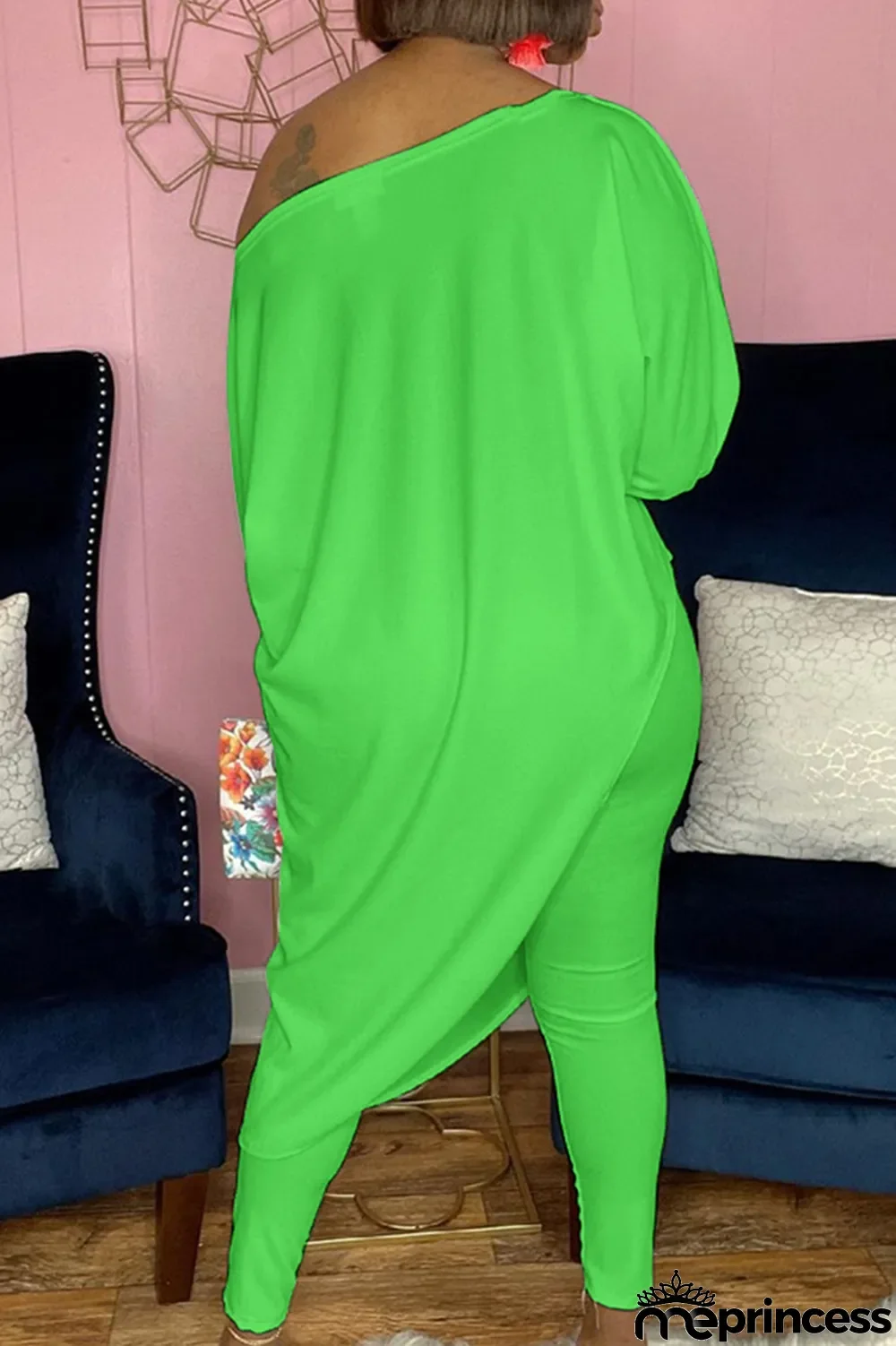 White Casual Print Split Joint One Shoulder Three Quarter Two Pieces