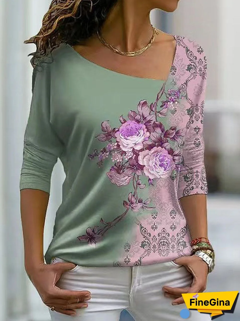 Women's Long Sleeve Scoop Neck Floral Print Casual Top