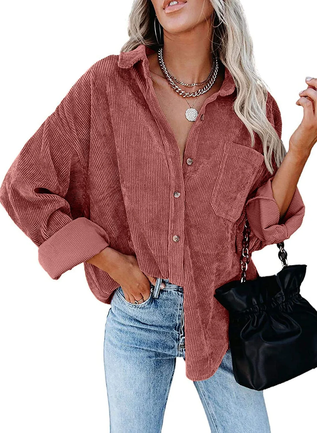 MIHOLL Women Corduroy Long Sleeve Button Down Collared Shirt Jacket Tops