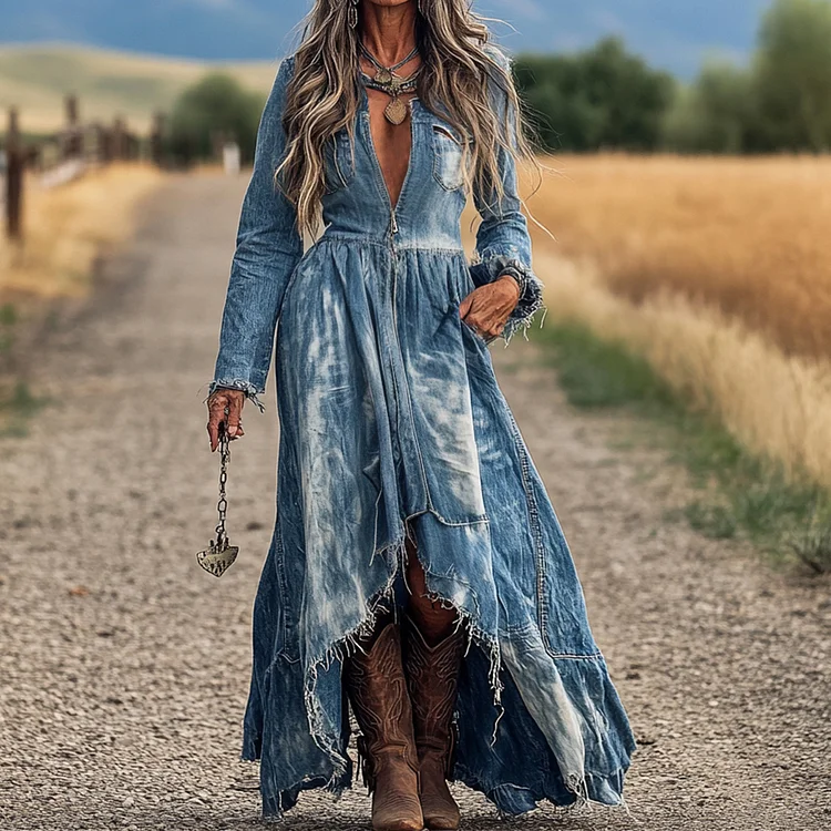 Ursime V Neck Zipper Denim Raw Edge Asymmetrical Maxi Dress