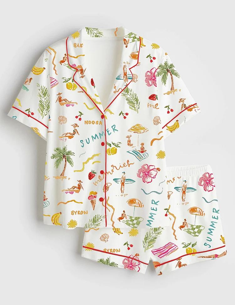 Women&rsquo;s Summer Memories Fruity Cocktails Tropical Trees Sandy Beaches Short Sleeve Satin Pajama Set